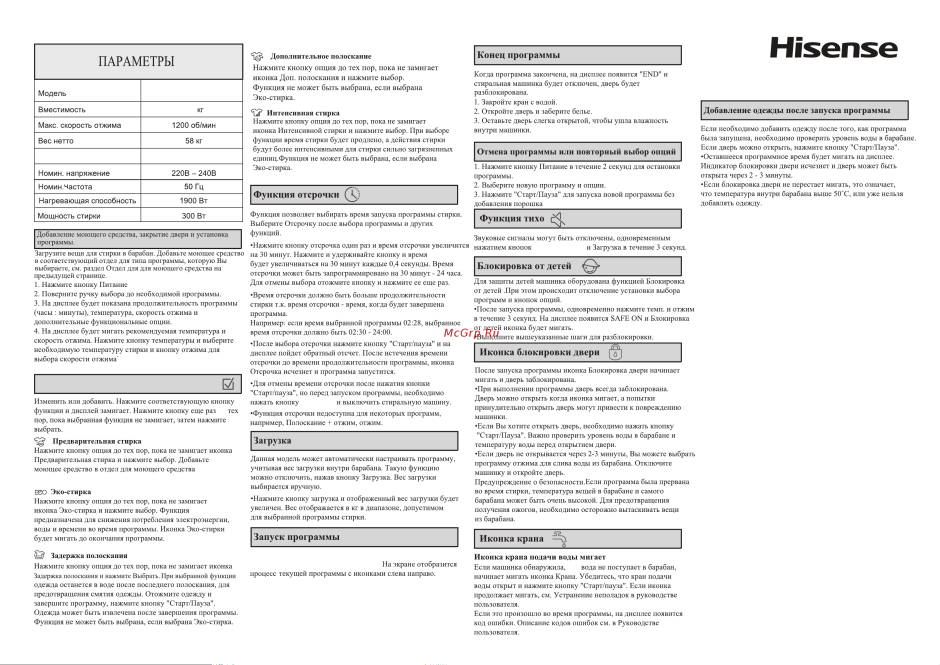 Hisense wfvc6010 режимы стирки